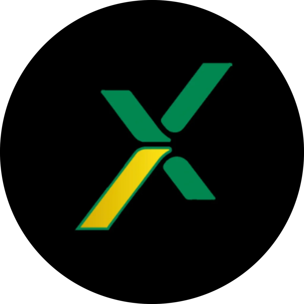 A stylized letter X logo against a solid black background. The 'X' is composed of two intersecting shapes. The left arm of the 'X' is a bright yellow, with a slight gradient that adds a metallic sheen. The right arm is a solid dark green. The shapes are rounded at the ends and appear to be interlocking.